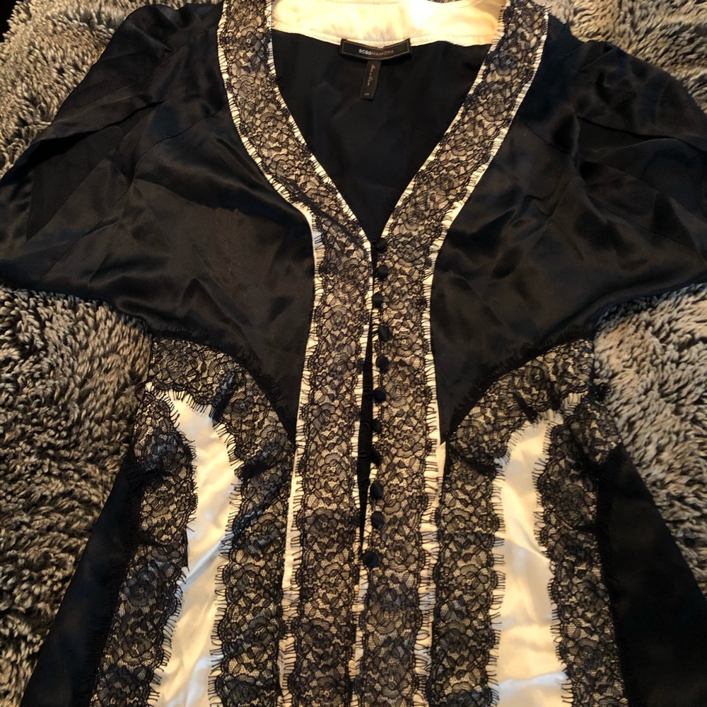 Black and ivory satin top with lace embellishment
